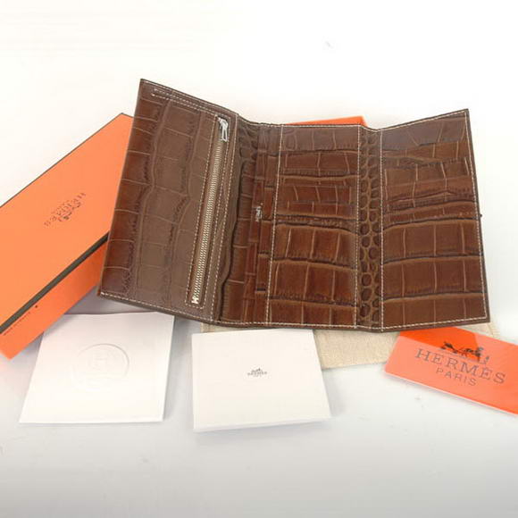 High Quality Hermes Bearn Japonaise Croco Leather Tri-Fold Wallet H308 Brown Fake - Click Image to Close